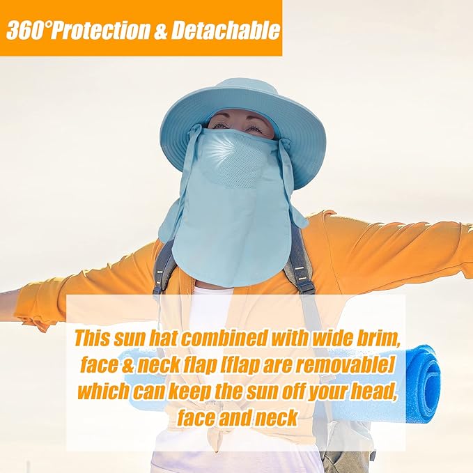 Fishing Hat for Men & Women, Outdoor UV Sun Protection Wide Brim Hat with Face Cover & Neck Flap