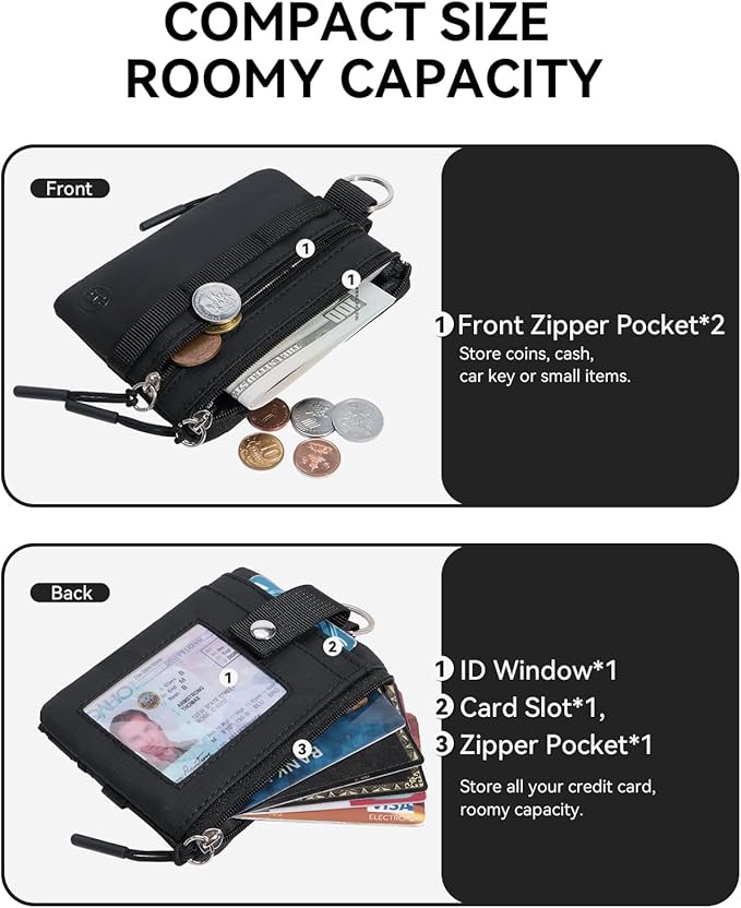BOSTANTEN Small Wallet RFID, Minimalist Zip ID Case Wallet with Lanyard Keychain, Water Resistant Card Wallets for Women & Men, Black