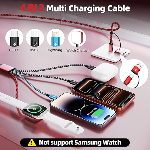 Cruise Essentials 2026, Travel Essentials Dual Type-C 4 in 2 Multi Charging Cable for iPhone Watch Charger/iPhone 17/IP, iWatch Charger, Compatible with iWatch 11-2/Ultra/iPhone 17-8,Car/ Camping 5FT