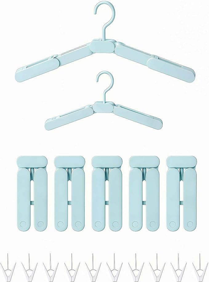 Foldable Travel Hangers with Clips 5 Pack Adjustable Collapsible Cruise Essentials 2026 - Portable Space Saving Travel Must Haves for Hotel Cruise Ship RV Dorm Room with 10 Non-Slip Clips & Shoe Hooks