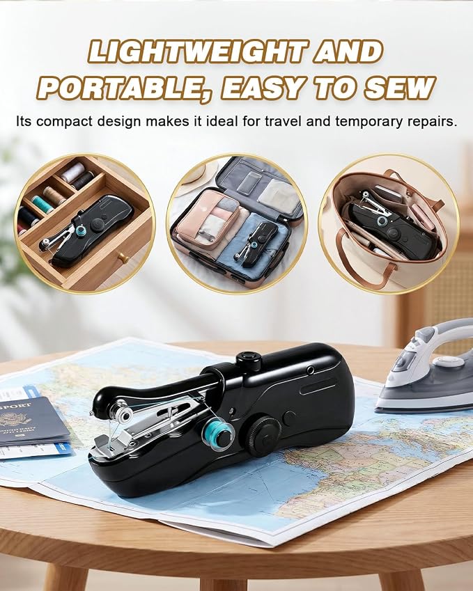 Lightweight Mini Sewing Machine for Beginners, Complete Handheld Sewing Kit, Ideal for Home Use, Fixes & Craft Making (Black)