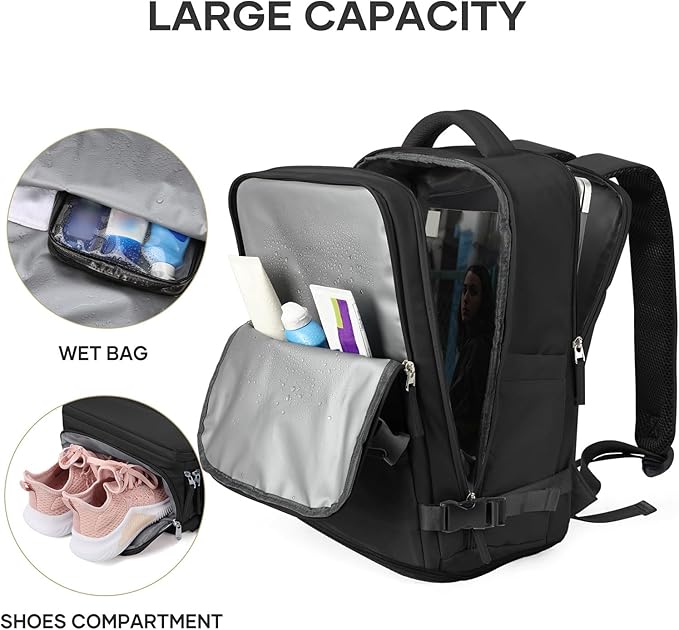 coowoz Travel Backpack For Women Men,Carry On Backpack Flight Approved,Hiking Backpack Water-Resistant Outdoor Sports Rucksack Casual Daypack Fit 15.6 Inch Laptop Shoes Compartment (Black)