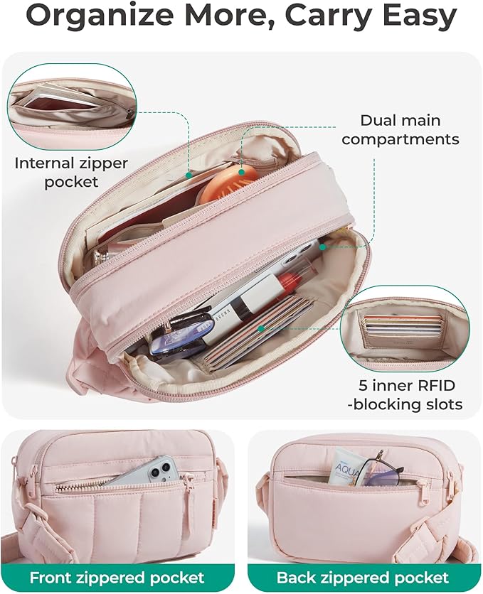 BAGSMART Cross Body Purse, Mini Crossbody Bags for Women Travel Purse, Puffy Shoulder Handbag Wallet with RFID Blocking Slots, Bistro Grey