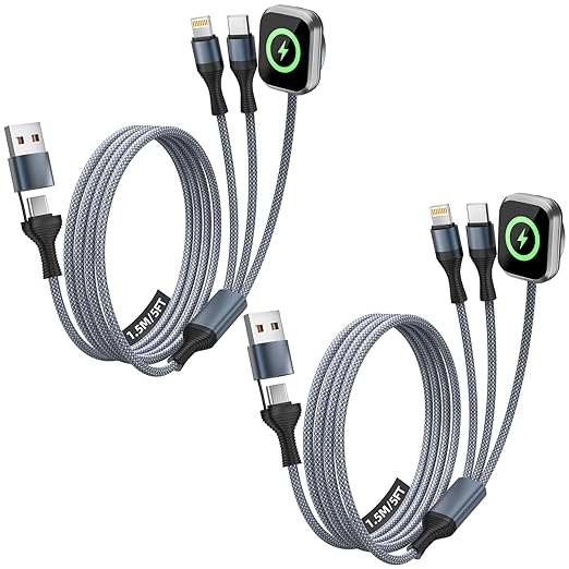 Cruise Essentials 2026, 3 in 2 Multi Charging Cable for iPhone Watch Charger/iPhone 17/IP, iWatch Charger, Travel Camping Essentials Compatible with iWatch 11-2/Ultra/iPhone 17-8,Car (2Pack,5FT)White