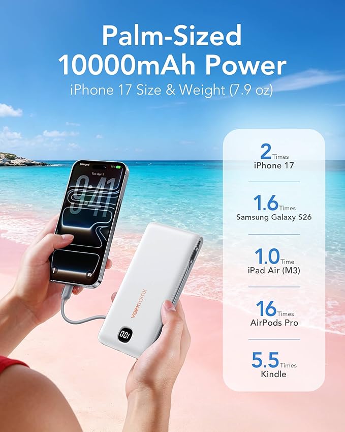 VEEKTOMX Portable Charger with Built in Cables 10000mAh, Power Bank for iPhone with AC Wall Plug, Fast Charging USB C Slim Battery Pack with LED Display Compatible with iPhone 17/16/15, Samsung