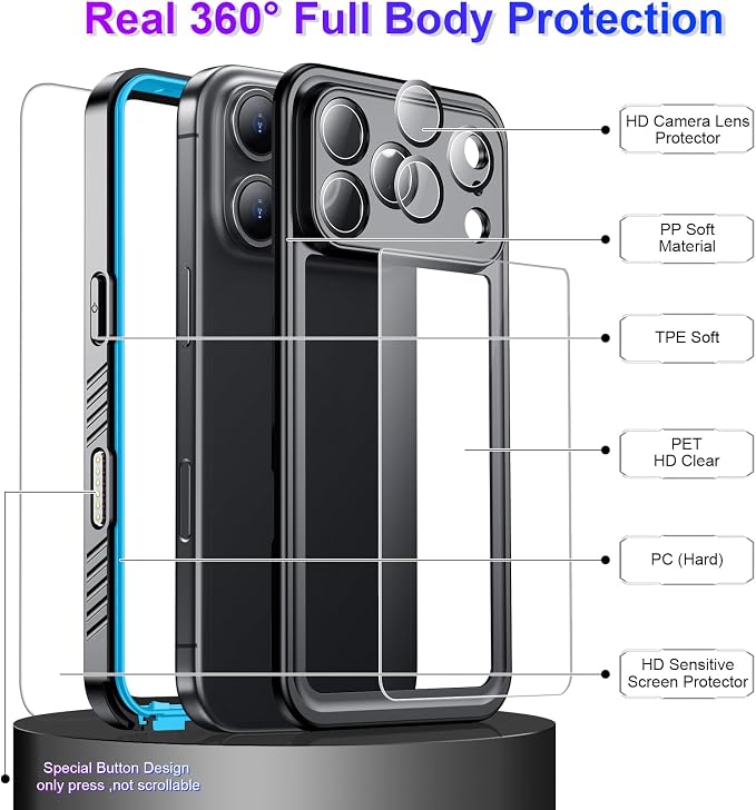Compatible with iPhone 17 Pro Max Case,Waterproof Built-in Screen & Camera Protector IP68 Underwater Full Body 17FT Military Dropproof Shockproof Phone Case 6.9"-Blue/Clear