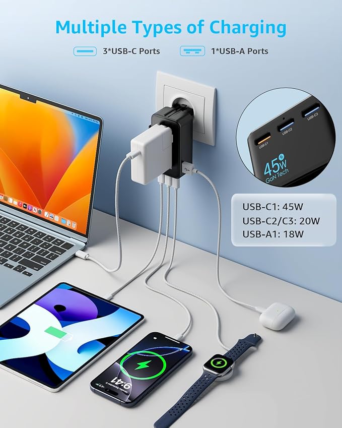 “Air” Universal Travel Adapter, Slim International Travel Plug Adapter with 3 USB-C(GaN 45W) ＆ 1 USB-A Ports, All in One Portable Adaptor, for USA, UK, EU, AU ＆ 224+ Countries (Black) US