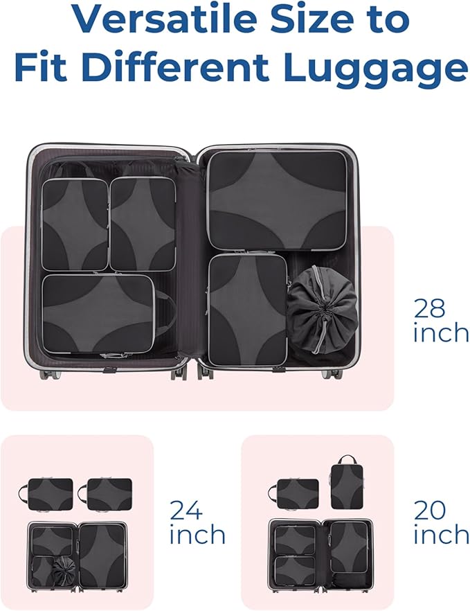 BAGSMART Compression Packing Cubes for Travel, 6 Set/14 Set Compressible Luggage Organizer for Cruise Ship, Lightweight Travel Essentials (1L+2M+2S+Shoe bag+Drawstring bag+Toiletry bag+6Plastic bags)