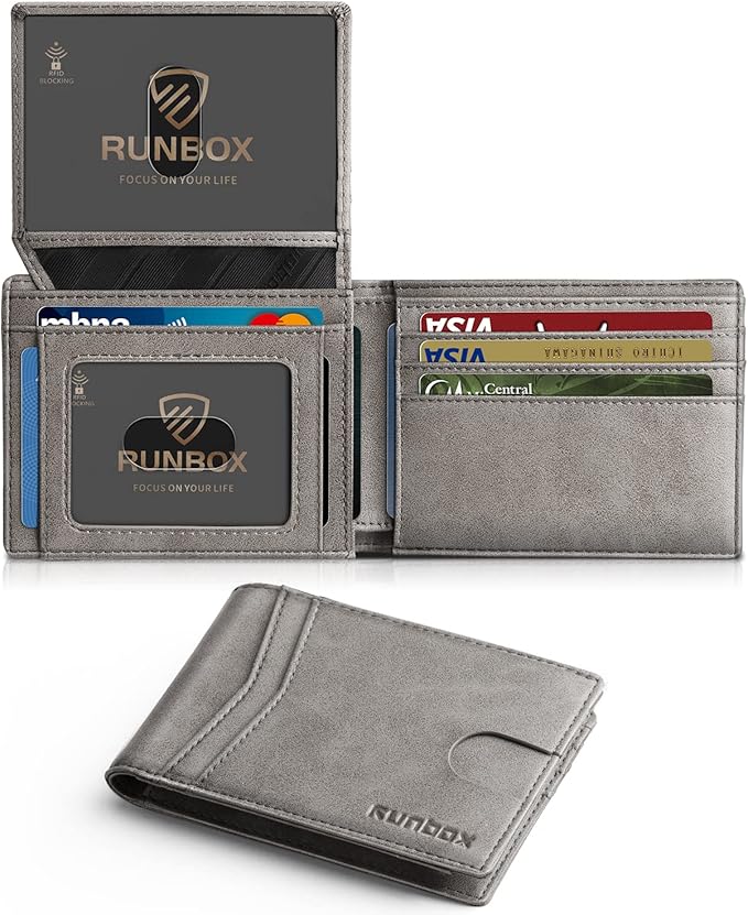 RUNBOX Wallet for Men -Slim Rfid Leather Mens Bifold Novelty Wallets 2 ID Window With Gift Box Men's Accessories | Slim