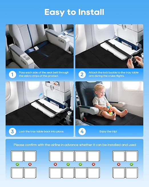 Toddler Airplane Bed, Portable Airplane Seat Extender Travel Bed for Kids, Soft Baby Plane Travel Essentials for Flying, Toddlers Long Flight Must Have Footrest Black