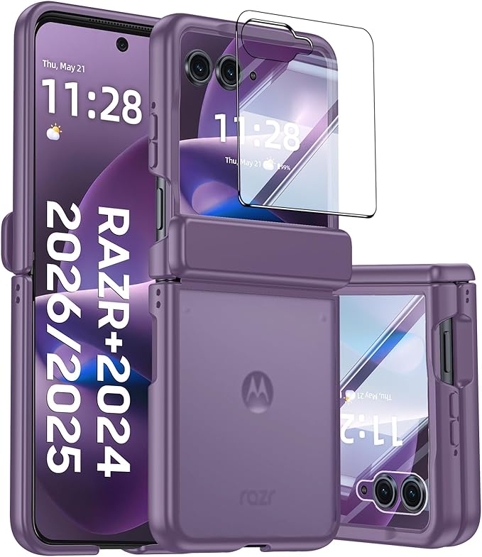 for Motorola Razr+ Plus 2026,Razr+ Plus 2025/2024 Case with Hinge Protection, Screen Protector, Skin Feel Translucent Frosted, Shockproof Cover for Razr+ 2026/2025/2024-Purple