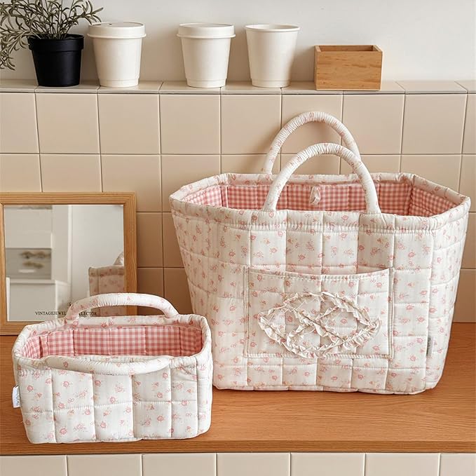 Floral Fabric Storage Basket Car Interior Storage Basket Underwear Sundries Laundry Baskets Supplies Home Organizer Bag (pink+white bow)
