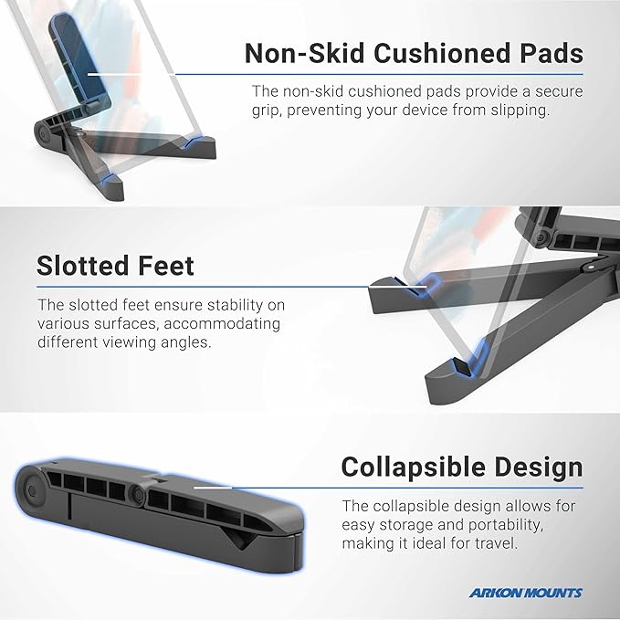 ARKON Mounts Portable Tablet Stand | Adjustable Viewing Angle | For Phones and Tablets | Fits Apple iPad, iPhone, Samsung Galaxy, Note, Switch, and more