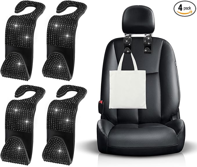 Ohleats 4 PCS Bling Car Seat Headrest Hooks, Crystal Rhinestone Back Seat Hanging Storage Organizer, Vehicle Seat Hanger Holder for Purse Handbag Coat, Interior Car Accessories (Black)