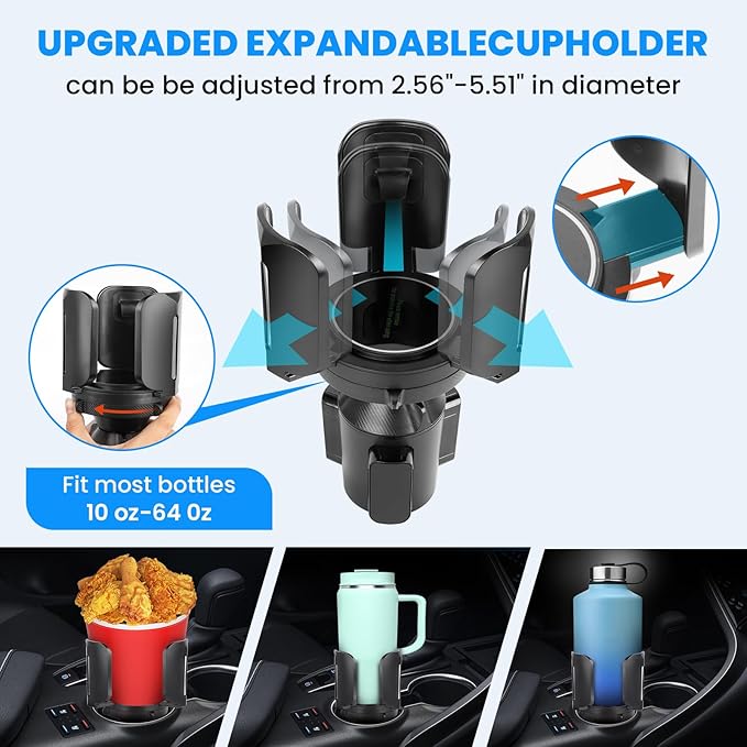 Cup Holder Expander for Car with Adjustable Holder & Base, Compatible with 10 to 64 oz Yeti Ramblers, Stanley, Hydro Flask, Nalgene, Hold 2.9" to 5.5" Large Bottles Mugs Food Drink, Car Cup Holder