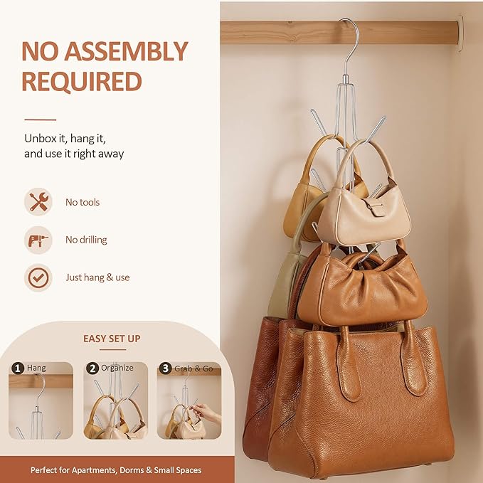 ZEDODIER 2 Pack Purse Organizer for Closet, Heavy-Duty Hanging Purse Hanger Closet Holds Up to 12 Purses, Metal Rotating Space Saving Bag Holder Handbag Storage Hook Backpack Rack, Silver
