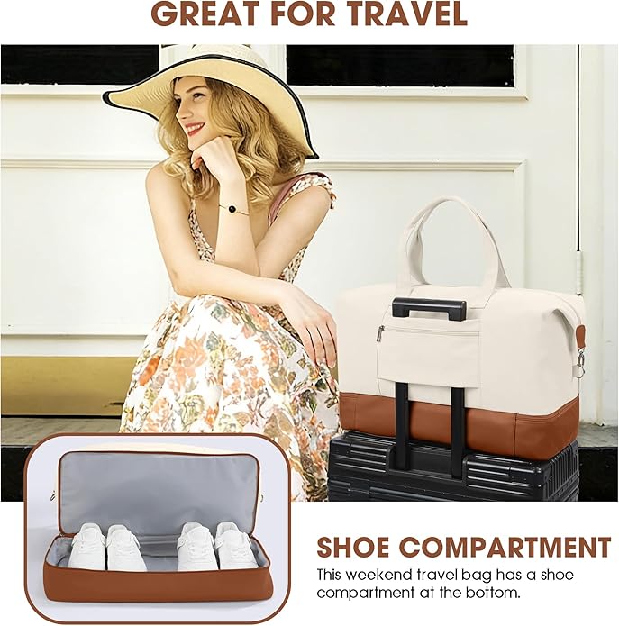Women's Weekender bag Travel Duffel Bag with Shoe Compartment 21-inch Airline-Approved Carry-On, 2-Piece Overnight Bag Set Personal Item Luggage