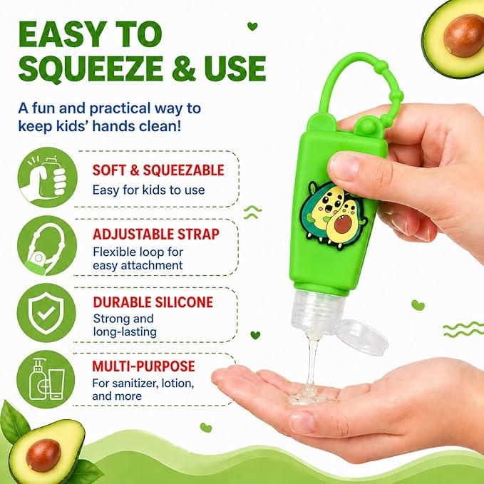 5-Pack Cartoon Kids Hand Sanitizer Holder, 30ml Travel Size Refillable Bottles with Silicone Case, Leak-Proof Portable Containers for Lotion & Liquid Soap (Avocado Fun)