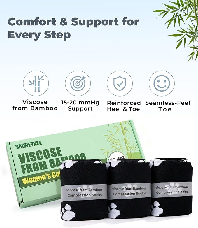 Compression Socks for Women 15-20 mmHg, Viscose from Bamboo, 3-Pair Knee High for Flying, Work & All-Day Comfort