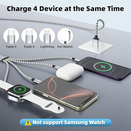 Travel Essentials 4in1 Multi Charging Cable for iPhone Watch Charger,USB A to Dual Type C/IP/iWatch Charger Travel Chargers for Multiple Devices Compatible with iWatch Series&iPhone 17-12 3Packs, 5FT