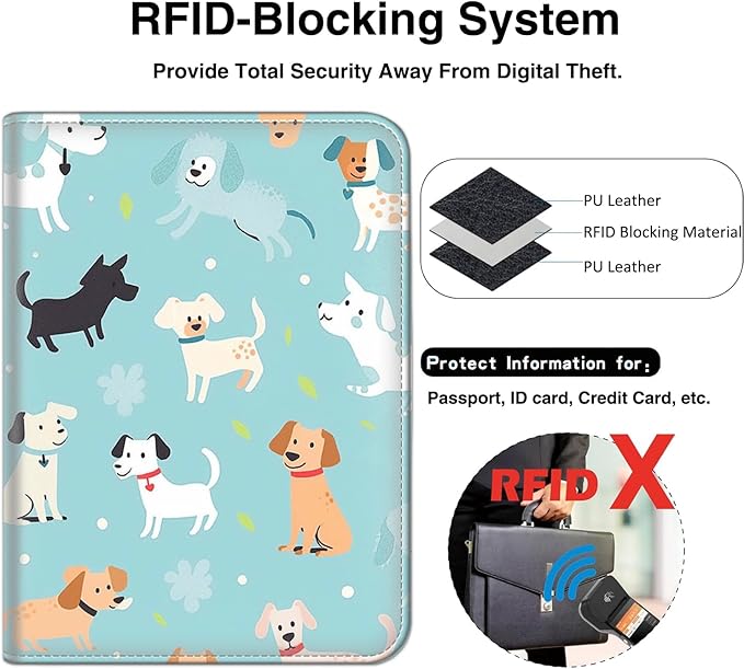 Passport Wallet, Passport Holder with RFID Blocking and Luggage Tag, Waterproof PU Leather Travel Documents Organizer Case, Passport Covers with Card Slot for Women & Men, Dogs Pattern Backgrounds