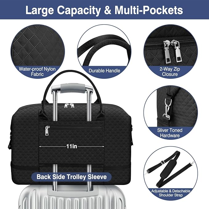 ITIEZY Weekender Overnight Bag for Women - Large Travel Duffel Bag with Shoe Compartment, Gym Duffel Bag Hospital Bag Carry On Tote Bags for Airplanes with Crossbody Bag Toiletry Bag 3Pcs Set
