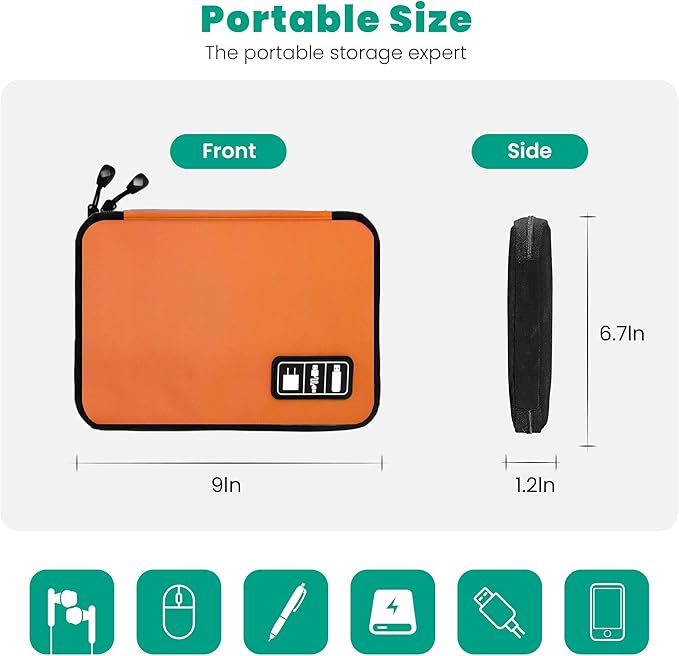Cord Organizer Travel, Electronics Organizer Tech Pouch - Portable Cable Organizer Bag for Cords, Charger, Phone, SD Card, Power Bank for Travel & Daily Use -Orange Green