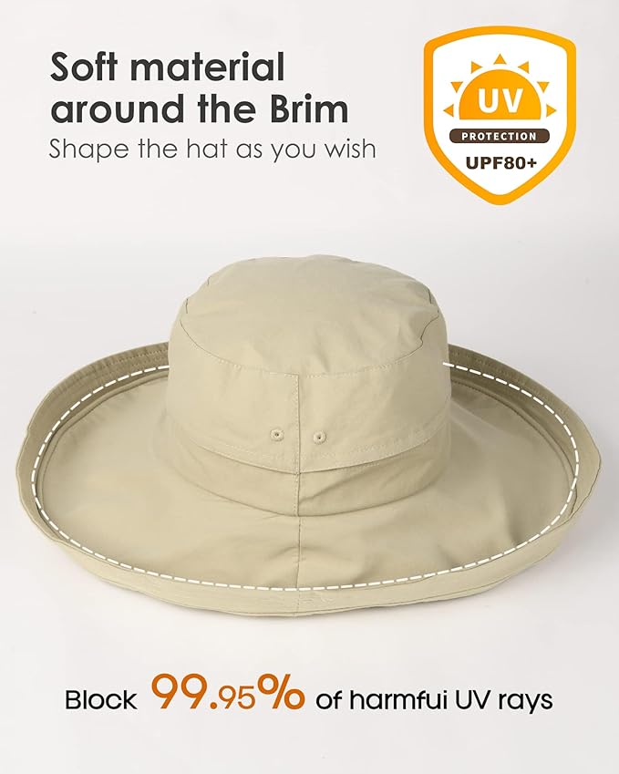 Sun Hats for Women Gardening Hat Wide Brim Ponytail Beach Sun Protection Breathable Cotton Summer Hat with Fold-Up Brim
