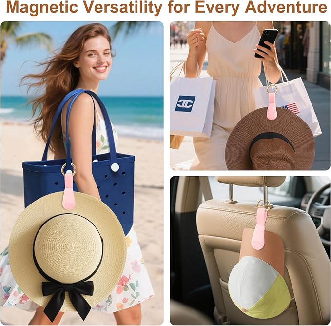 Fikoksol Magnetic Hat Clip for Travel on Bag, Silicone Hat Holder for Tote Beach Bag, Hand Free Strong Magnet Purse Hook Cowboy Hat Hanger Carrier for Travel Vacation Essentials Accessories