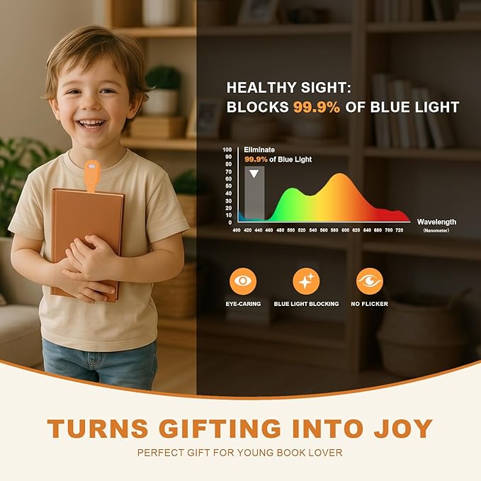 Rechargeable Kids Book Light, Cute Bookmark Reading Light for Kids, Dimmable Portable LED Book Light for Reading in Bed, Eye-Caring Bedtime Reading Lamp for Children & Travel, Orange