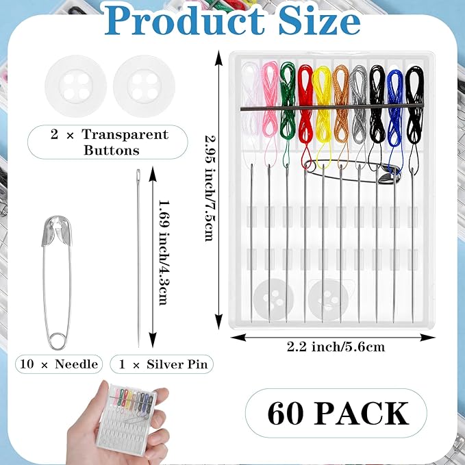 AojSup 60 Boxes Quick Fix Sewing Kit Pre Threaded Needle Travel Kit Personal Needle and Thread Mending Sewing for Christmas Cloth Repairing Home Necessities(Assorted Color,10 Threads)
