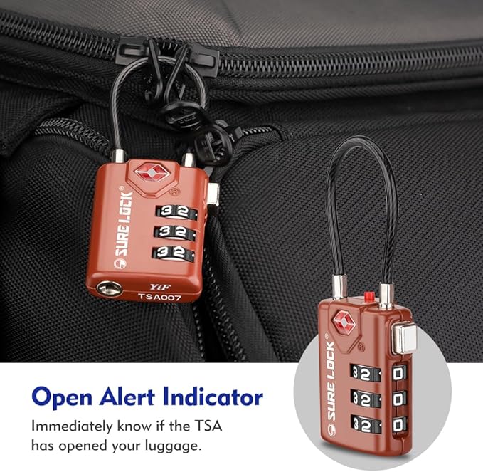 SURE LOCK TSA Approved Luggage Locks with Open Alert Indicator, 3 Digit Combination Cable Travel Lock for Suitcase, Backpack, Gym Locker, Toolbox & Travel Bag