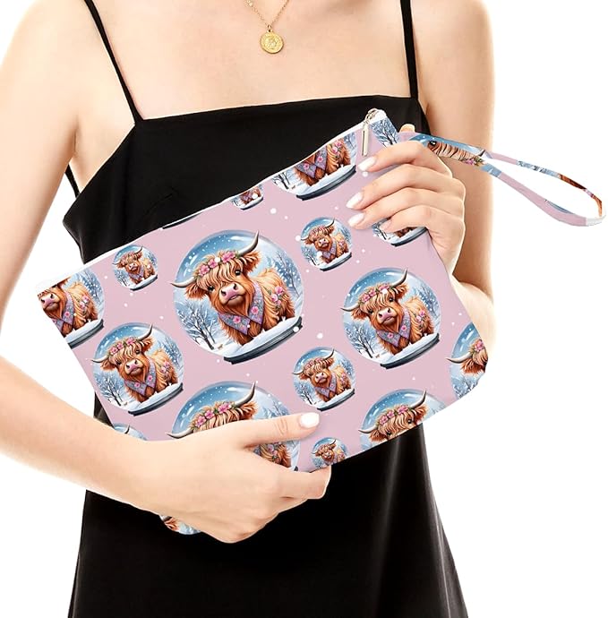 Fokongna Cute Print Wet Bag, Small Portable Waterproof Multi-Functional Organizer for Women, Pink Highland Cow Snow Globe, Ideal for Daily, Beach & Travel