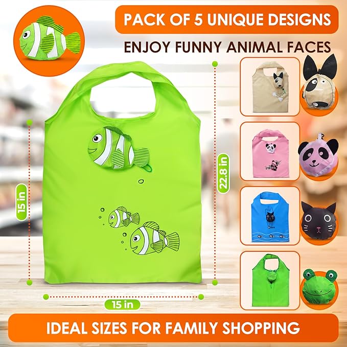 5 PCs Reusable Produce Bags – Reusable Grocery Bags Foldable with 15"x15" Capacity Size and Cute Animal Design – Convenient for Taking Along for Shopping and Made for Long Service Life in Daily Use