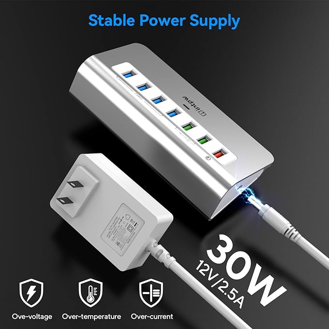 Powered USB Hub 10Gbps, 7 Port USB 3.2 Gen 2 Hub with 4 USB 3.2 Data Ports, 3 Fast Charging Ports, 36W Power Adapter, Type A and Type C Cable, Aluminum USB Hub for Laptop, Mac, PC