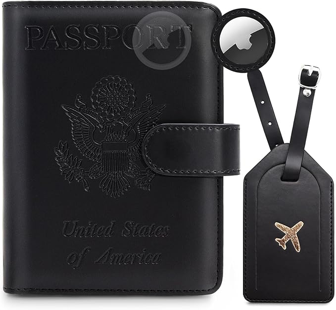 Passport Holder for Travel Family with Slot for Tracker Device & Luggage Tag Cover, – RFID Blocking Passport Wallet for Women & Men | PU Leather Passport Cover Case with Money Pocket – Black