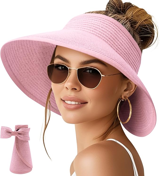 NPQQUAN Sun Visor Hats for Women Wide Brim Ponytail Straw Beach Hat Packable Foldable UPF 50+ Floppy Travel Hats