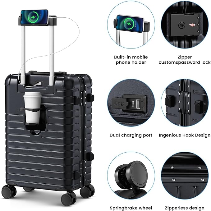 20 Inch Carry on Luggage with Cup Holder, Airline Approved 22x14x9 Aluminum Frame PC Hard Shell Suitcase, 360° Spinner Wheels, TSA Lock for Short Trips and Business Travel