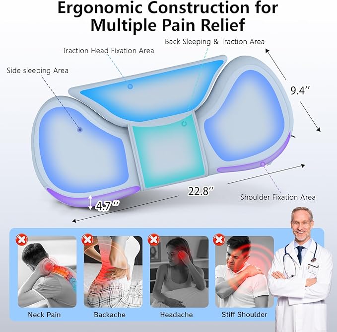 Cervical Neck Roll Pillow, Say Goodbye to Neck Pain, Travel Neck Support Pillow for Side Sleepers, Ergonomic Memory Foam Camping Pillow, Cervical Traction Device with Storage Bag (Blue)