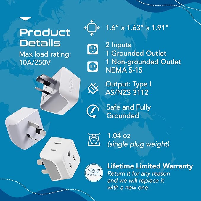 Ceptics Australia Power Plug Adapter, 2 in 1 Type I Plug Adapter, US to Australia , China, New Zealand Power Adapter with Dual USA Inputs, CE, RoHS - 3 Pack