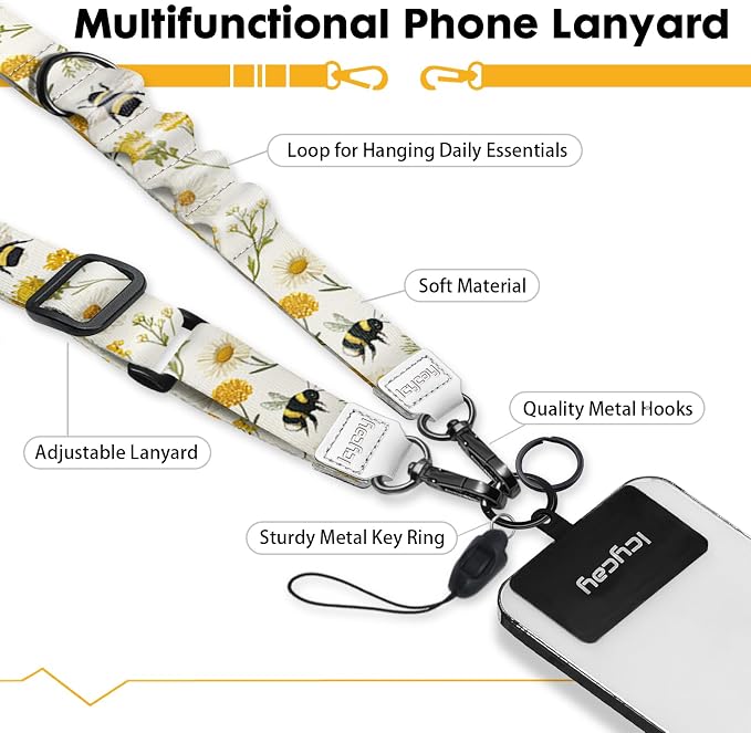 Icycay Phone Lanyard Crossbody, Floral Bee Cell Phone Strap for Around The Neck Adjustable, Flower Teacher Anti Theft Cute Lanyard for ID Holder Keys Accessories Travel Essential