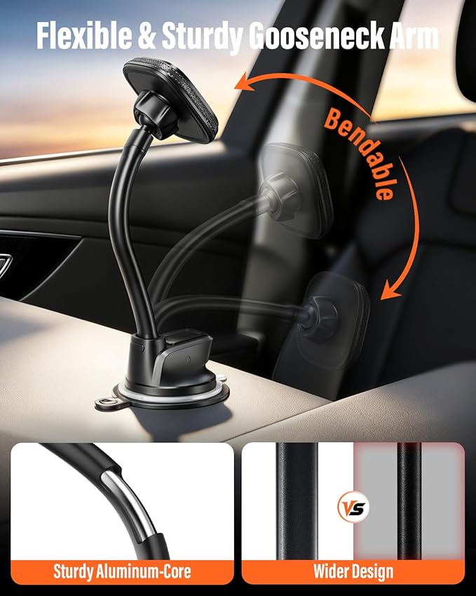 APPS2Car Upgraded for MagSafe Car Mount, Magnetic Car Phone Holder with 6.4'' Flexibile Gooseneck Arm, Suction Cup Holder for Windshield Window Dashboard, Fit for iPhones Smartphones