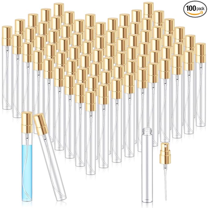 Zhehao 100 Pcs Mini Spray Bottles 10 ml Clear Glass Perfume Bottles Refillable Fine Mist Perfume Atomizer Portable Empty Sample Containers for Cleaning, Essential Oils, Travel (Gold Cap)