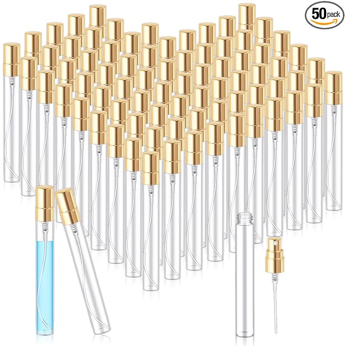 Zhehao 50 Pcs Mini Spray Bottles 10 ml Clear Glass Perfume Bottles Refillable Fine Mist Perfume Atomizer Portable Empty Sample Containers for Cleaning, Essential Oils, Travel (Gold Cap)