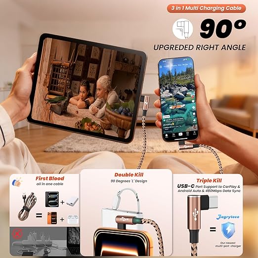 90 Degree USB Multi Charging Cable, 3 in 1 USB Cable for iPhone 17 Charger/ IP/Micro Port, Cruise Travel Essentials Right Angle Sideways Multi Charger Portable Designed for Phone Accessories 5FT 2Pack