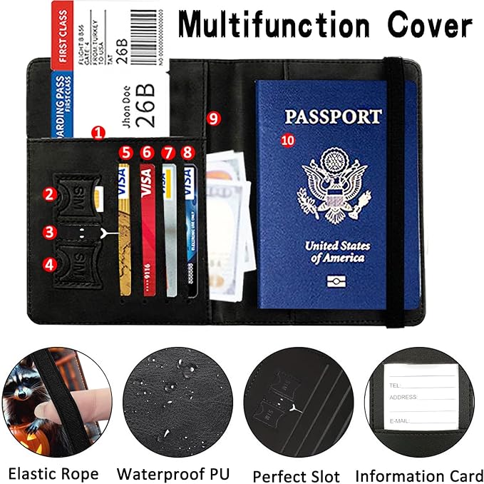 Passport Wallet, Passport Holder with RFID Blocking and Luggage Tag, Waterproof PU Leather Travel Documents Organizer Case, Passport Covers with Card Slot for Women & Men, A Raccoon and Pumpkin