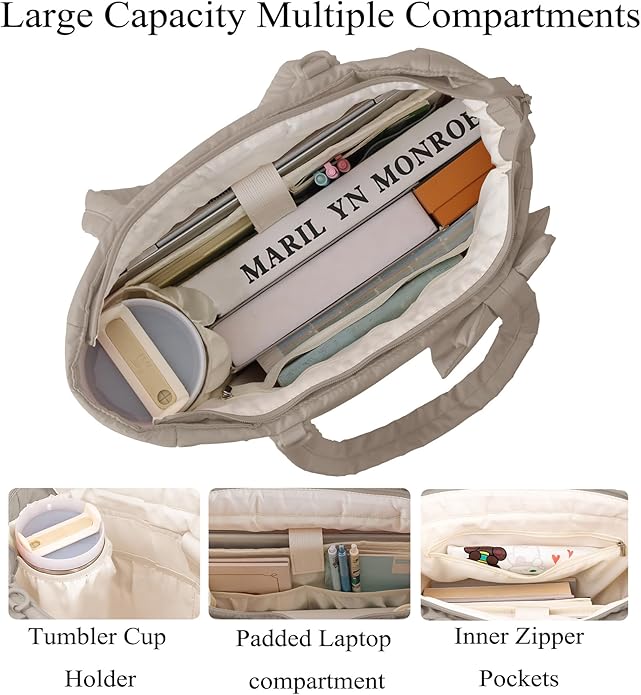 Puffer Tote Bag for Women, Quilted Bow Tote Bag with Cup Holder & 15.6 In Laptop Compartment for Work, Travel, Gym, College