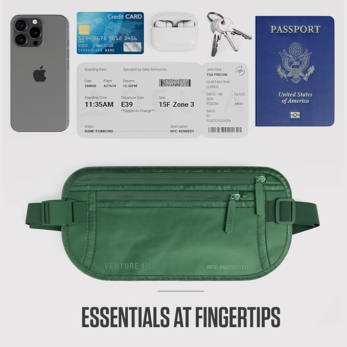 VENTURE 4TH Money Belt for Travel – Slim Hidden Under-Clothes RFID Blocking Anti-Theft Passport Holder & Travel Wallet Pouch for Men & Women to Protect Cash, Cards & Documents (Sleek Army Green)