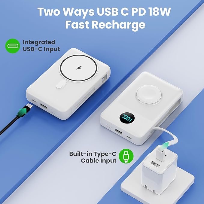 Ekrist Magnetic Portable Charger for MagSafe with Built-in Cable,iWatch Charger,Wireless Power Bank Travel Essentials,25W Fast Charging Battery Pack for iPhone 17/16/15,Apple Watch(White,10800mAh)
