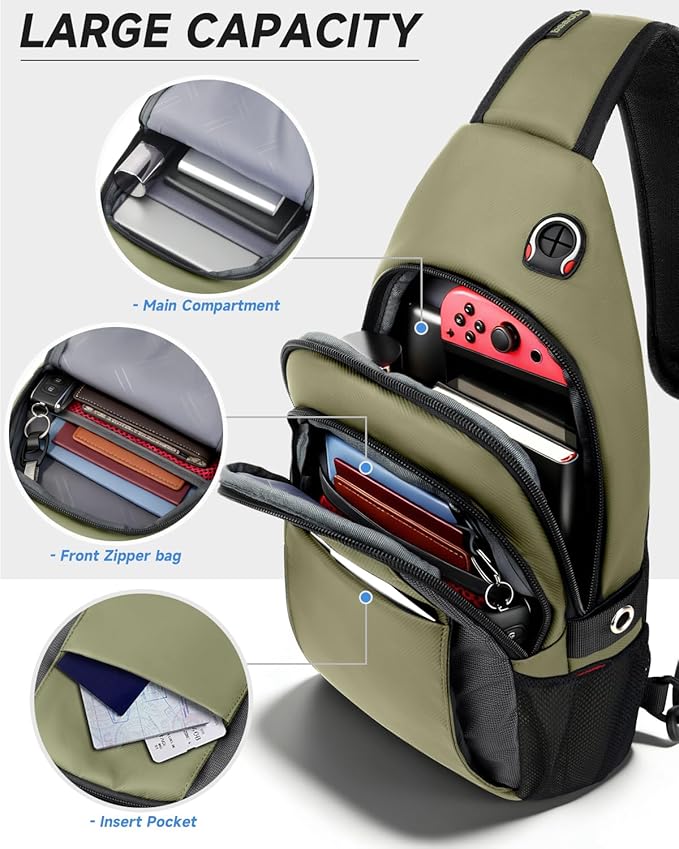 Tactical Sling Bag for Men, Expandable Army Green Chest Pack with Water Bottle Pocket & Earphone Port, Crossbody Backpack for Hiking, Travel & Outdoor, Fits Switch 2, 11 inch iPad | Mens Crossbody Bag